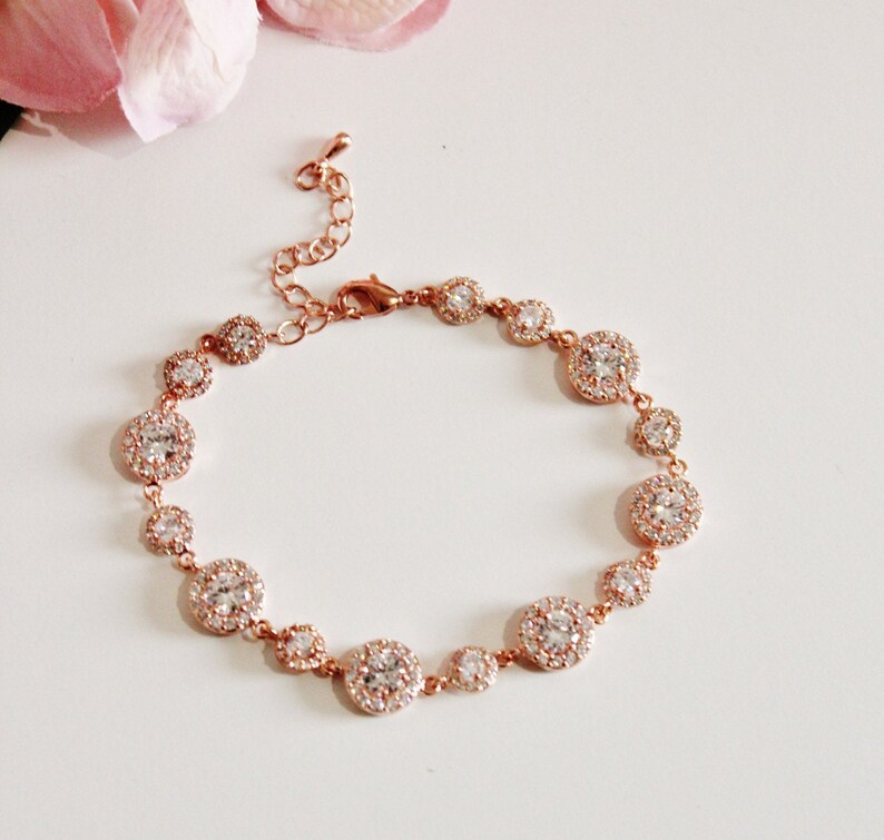 Rose Gold Bridal Bracelet, Dainty Rose Gold Wedding Bracelet, Delicate Round Halo Cubic Zirconia Rose Gold Bracelet, Bridal Jewelry B106 image 2