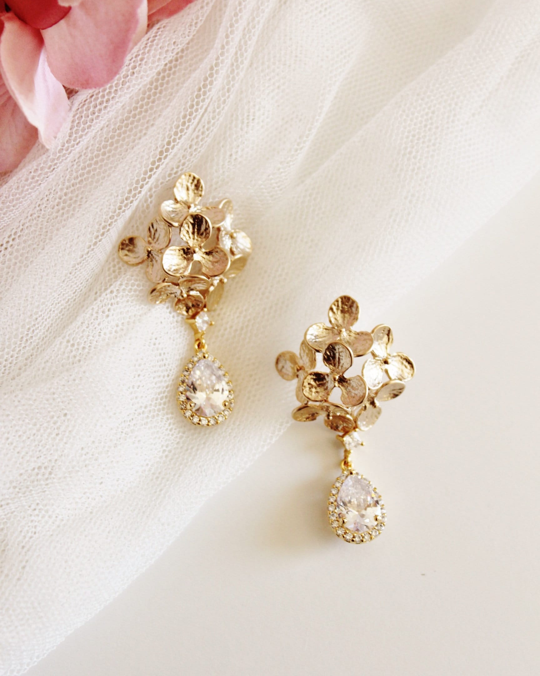 Floral Bridal Earrings, Gold Wedding Earrings, Gold Dangle Drop ...