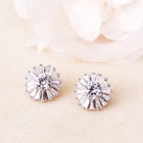 Cluster Stud Earrings Crystal Bridal Earrings Cubic Zirconia Wedding Earrings bridal jewelry sterling silver post earrings