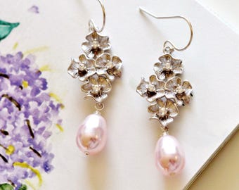 Silver Sakura Flower Pink Pearl Earrings, Cherry Blossom Bridal Jewelry Spring Wedding Earrings for Bridesmaids