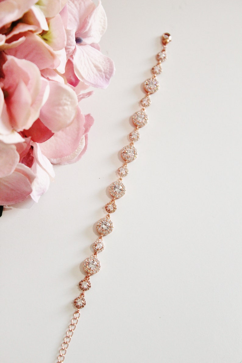 Rose Gold Bridal Bracelet, Dainty Rose Gold Wedding Bracelet, Delicate Round Halo Cubic Zirconia Rose Gold Bracelet, Bridal Jewelry B106 image 4