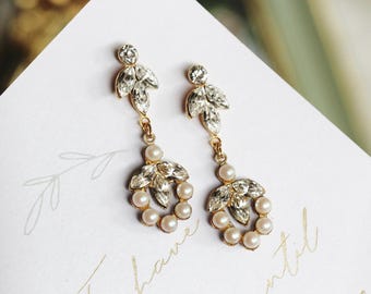 Gold Bridal Earrings Drop Pearl Earrings, Cluster Crystal Leaf Earrings Pearl Wedding Earrings, Fall Wedding Jewelry For Brides E154