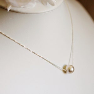 Floating Pearl Necklace, 10mm Single Pearl Bridal Necklace, Sterling Silver, Gold Wedding Jewelry Bridesmaid Gift Necklace Gift for Her N201 image 5