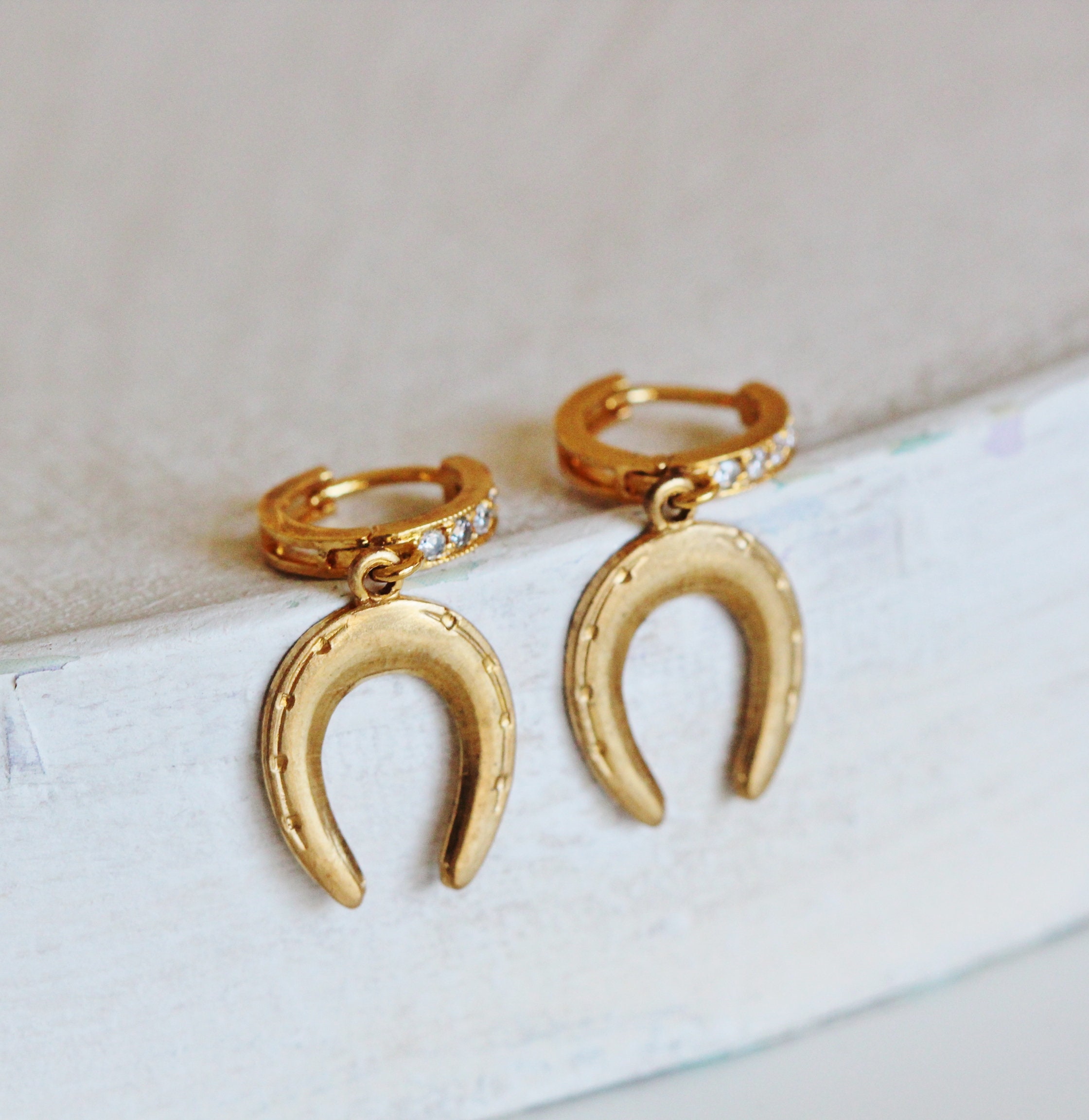 NEW Gold Lucky Horseshoe Earrings, Gold Huggie Earrings, Crystal Huggie ...