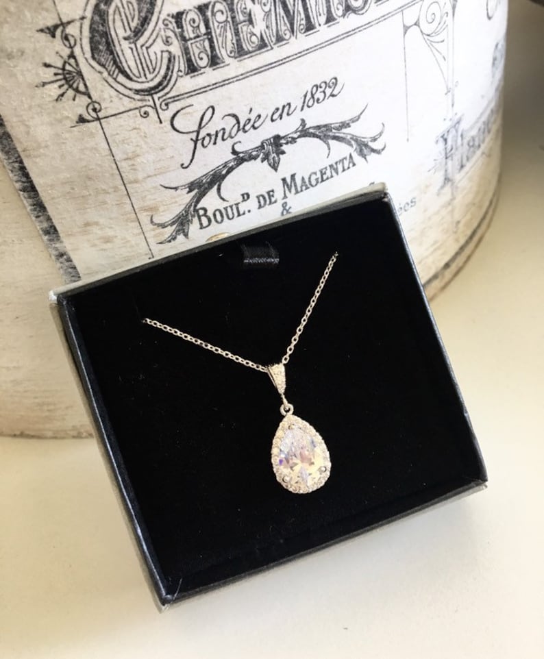 Rose Gold Necklace, CZ Rose Gold Wedding Necklace, Rose Gold Bridal Necklace, Bridesmaid Necklace, Teardrop Necklace for Women N107 image 5