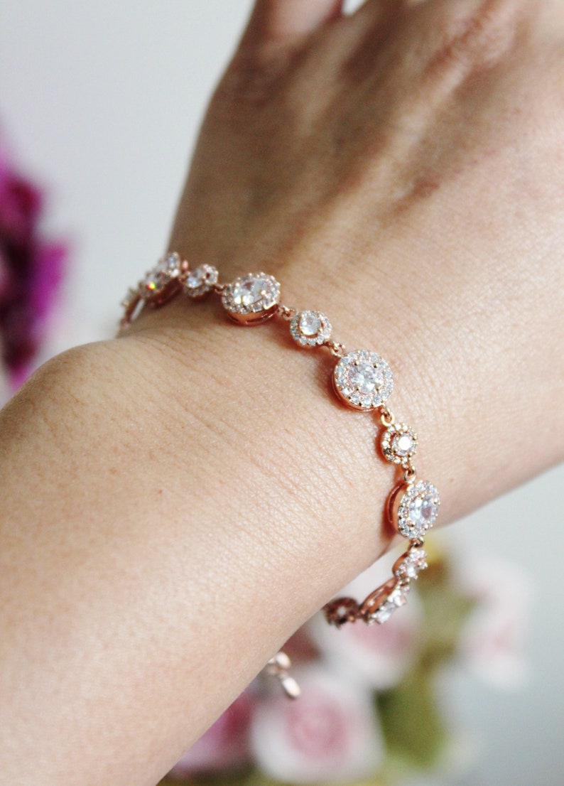 Rose Gold Bridal Bracelet, Dainty Rose Gold Wedding Bracelet, Delicate Round Halo Cubic Zirconia Rose Gold Bracelet, Bridal Jewelry B106 Rose Gold