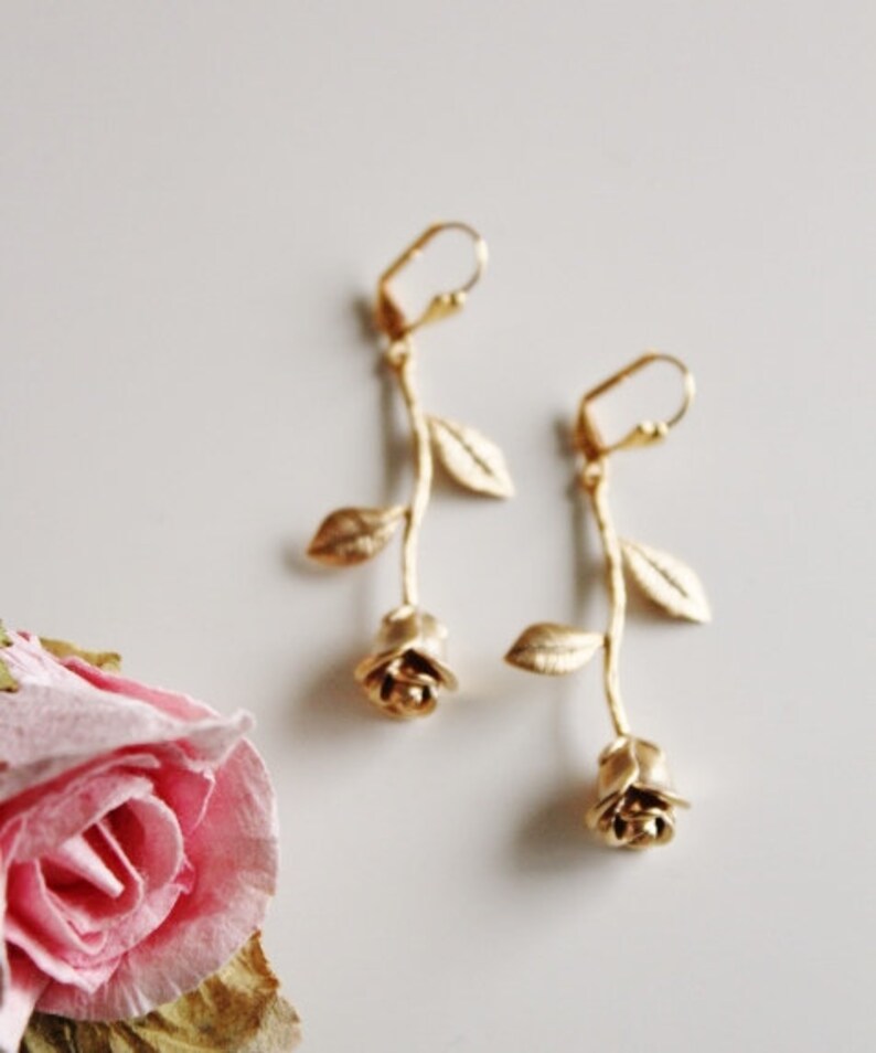 Gold Rose Earrings Rose Earrings Dangle Earrings Garden Etsy