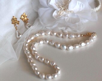 Baroque Pearl Bridal Jewelry Set: Matt Gold Floral Drop Earrings Fresh Water Pearl Necklace Elegant Wedding Jewelry Set