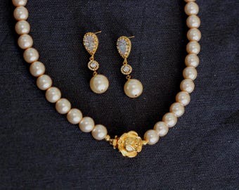 Cream Gold Pearl Bridal Jewelry Set Rose Clasp Golden Pearl Necklace & CZ Drop Pearl Earrings Vintage Style Garden Wedding Jewelry