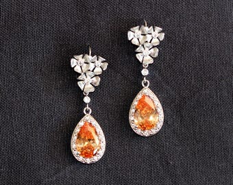 Champagne Teardrop Crystal Bridal Earrings: Silver Floral Dangle Drop Prom Jewelry