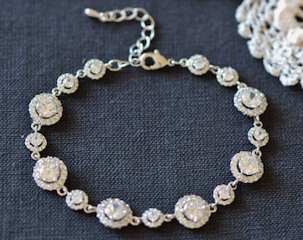 Bridal Bracelet Dainty Rose Gold Wedding Bracelet Delicate Round Halo Cubic Zirconia Bracelet, Wedding Jewelry B106