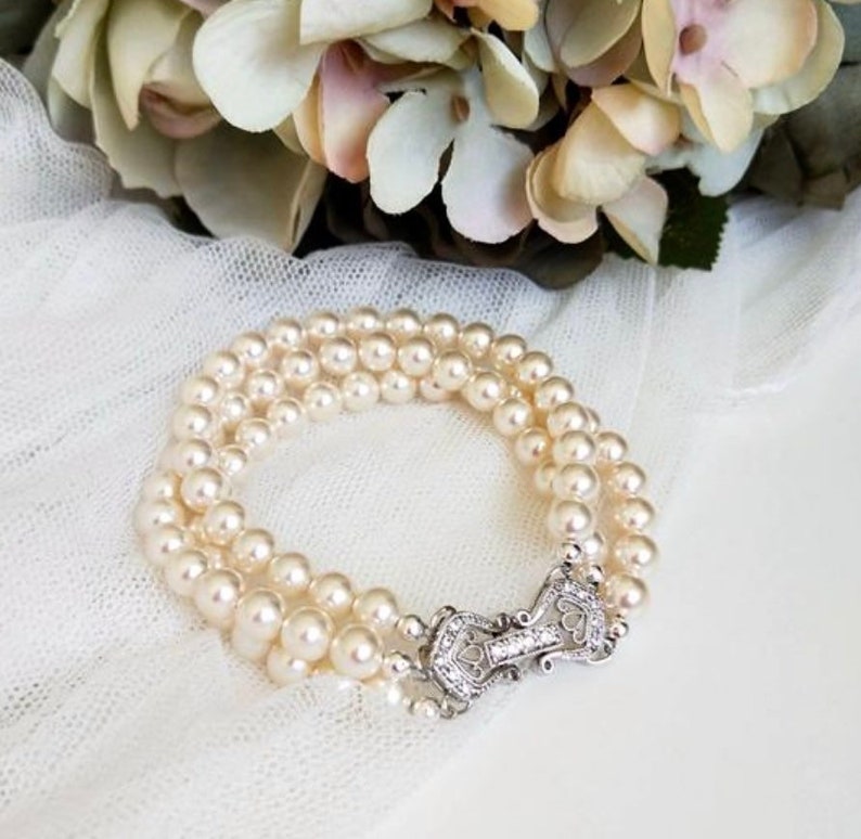Pearl Bridal Bracelet Pearl Wedding Bracelet For Bride Three Cream