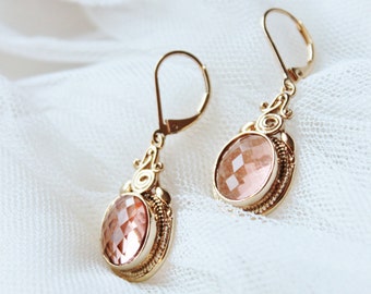 Gold Peach Earrings Champagne Peach Bridesmaid Earrings Vintage Style Dangle Drop Earrings Wedding Jewelry Final Sale