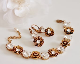 Unique Vintage Gold Floral Bridal Jewelry Set Romantic Wedding Jewelry for Brides Bronze Anniversary Flower Leaf Crystal Pearl Jewelry