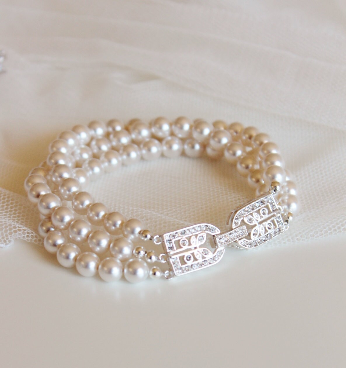 Pearl Bridal Bracelet Crystal Leaf Clasp Three Strand Swarovski