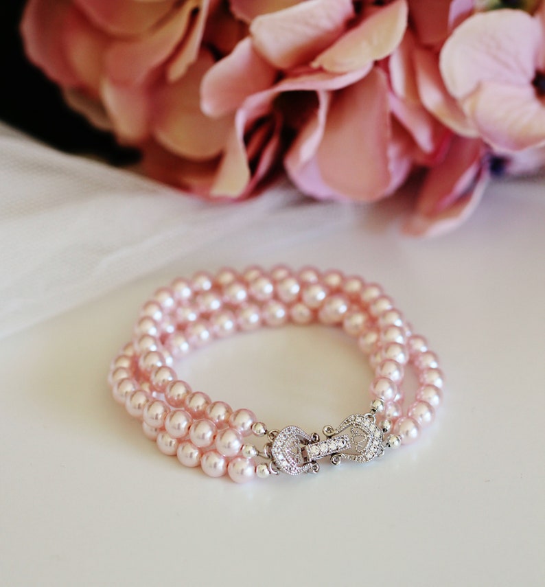 Pearl Bridal Bracelet, Pearl Wedding Bracelet For Bride, Three Strand Pearl Bracelet, Crystal Pearl Bridal Jewelry B102 Blush Pink