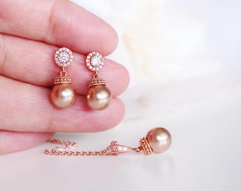 Petite Small Pearl Jewelry Set – Rose Gold Bridal Earrings & Necklace Set – Dainty Wedding Gift for Bridesmaids, Maid of Honor or Brides