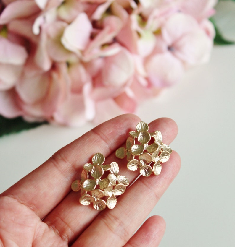 Gold Hydrangea Earrings, Bridesmaid Earrings, Gold Flower Earrings, Romantic Garden Wedding Jewelry Bridesmaid Gifts Statement Earrings E208 Studs Only