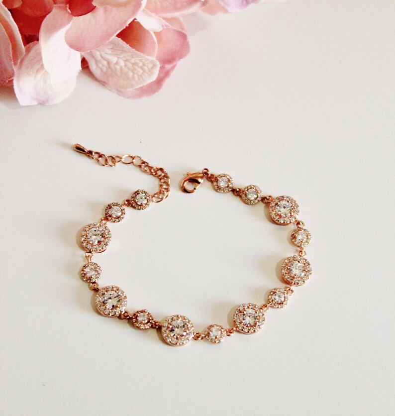 Rose Gold Bridal Bracelet, Dainty Rose Gold Wedding Bracelet, Delicate Round Halo Cubic Zirconia Rose Gold Bracelet, Bridal Jewelry B106 image 8