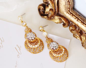 Boho Chic Gold Chandelier Earrings with Moon and Sun Detail Statement Boho Bridal Jewelry Celestial Gold Dangle Earrings for Weddings E307