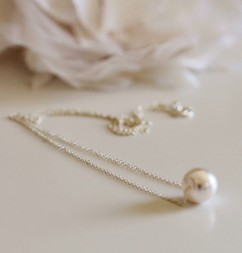 Floating Pearl Necklace, 10mm Single Pearl Bridal Necklace, Sterling Silver, Gold Wedding Jewelry Bridesmaid Gift Necklace Gift for Her N201 image 9
