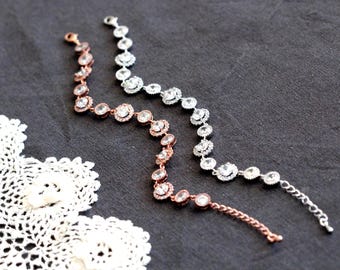 Rose Gold Silver Bridal Bracelet, Dainty Wedding Bracelet Round Halo Cubic Zirconia Bracelet, Wedding Jewelry Gift for Bride to Be B106