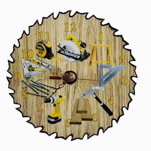 May include: A circular wooden clock with a saw blade design. The clock face features various tools, including a tape measure, saw, hammer, nails, and a drill. The numbers are in yellow and the hands are gold.