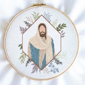 Jesus Christ Cross Stitch Pattern (Teal/Purple) with Color/B&W Pattern PDF Files