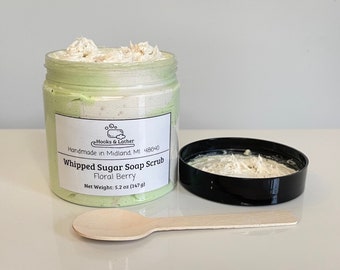 Floral Berry Whipped Sugar Soap Scrub, 5.2 oz (147 g) Jar with Wooden Spoon, Valentine's Day Gift for Her