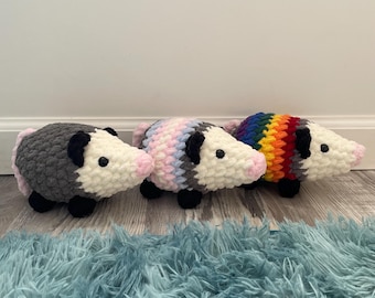 Crochet Gray Possum Plushie, Stuffed Animal Toy, Available in Gray/Rainbow/Trans Pride