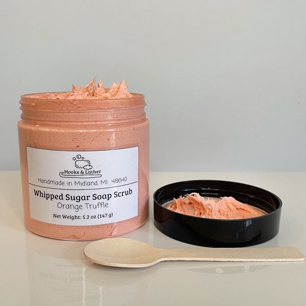 Orange Truffle Whipped Sugar Soap Scrub, 5.2 oz (147 g) Jar with Wooden Spoon, Valentine's Day Gift for Her