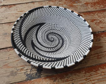 African Zulu traditional woven telephone wire plate Medium black & white unique gift home décor wall hanging handmade