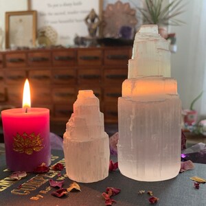 One Selenite Tower // Selenite Chakra Cleansing Standing Tower 2.5” or 4” // Rough, Unpolished Selenite // Small Satin Spar Selenite Tower