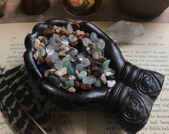 Reiki Charged Hands Dish » 4” Open Hands Incense Holder with Mixed Natural Gemstone Pebbles » Ceramic Hands Incense Burner » Offering Hands