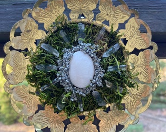 Scolecite Portal and Shield » Crystal Artwork » Upcycled Home Decor » Vintage Butterfly Frame Scolecite Art