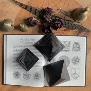 May include: Two black obsidian pyramids on a book with illustrations of geometric shapes. The book's title is "All Creatures, the divine symphony of life".
