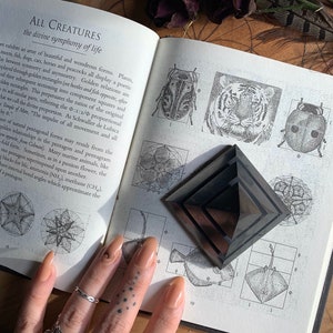 May include: A black obsidian pyramid sits on an open book with illustrations of animals and geometric shapes. The book's text reads "ALL CREATURES the divine symphony of life".