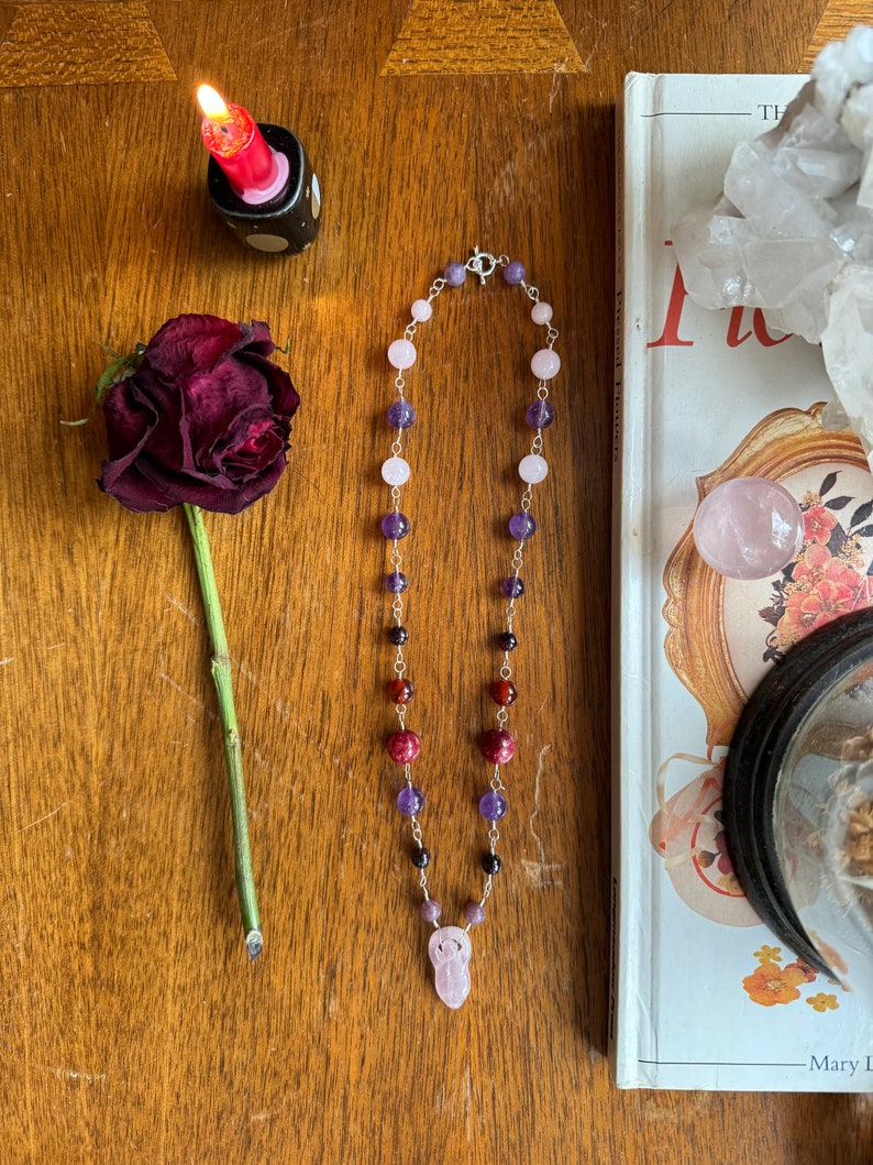 Self Love and Empowerment Necklace Sterling Silver Rose Quartz Goddess Totem with Handmade Crystal Chain image 2