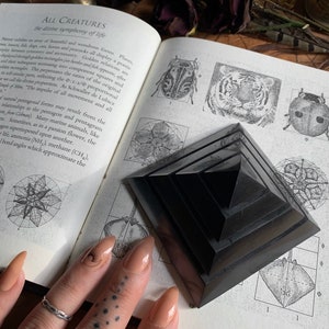 May include: A black obsidian pyramid with five layers, resting on a book with text about the divine symphony of life. The book features illustrations of animals and geometric shapes.