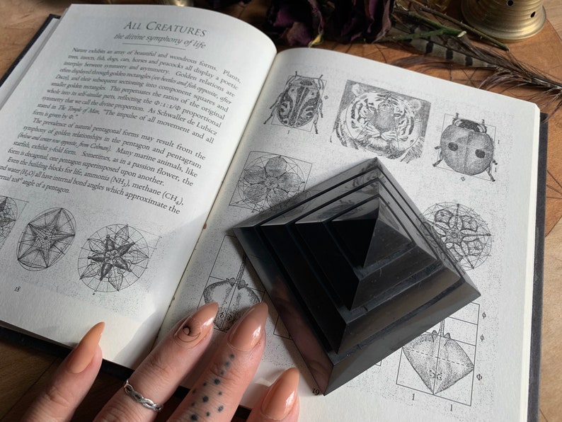 May include: A black obsidian pyramid with five layers, resting on a book with text about the divine symphony of life. The book features illustrations of animals and geometric shapes.