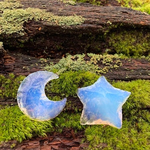 Opalite Crescent Moon and Star Duo » Glass Gemstone Moon » Iridescent Crescent Moon and Star Crystal » Metaphysical » Opalite Moon