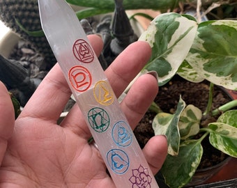 Chakra Selenite Wand // Selenite Massage Wand with Chakra Symbols // Chakra Engraved Crystal