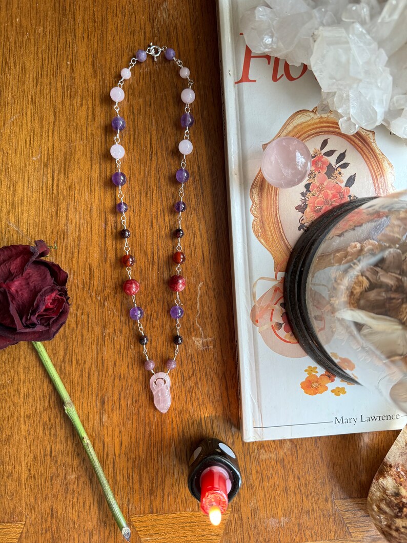 Self Love and Empowerment Necklace Sterling Silver Rose Quartz Goddess Totem with Handmade Crystal Chain image 9