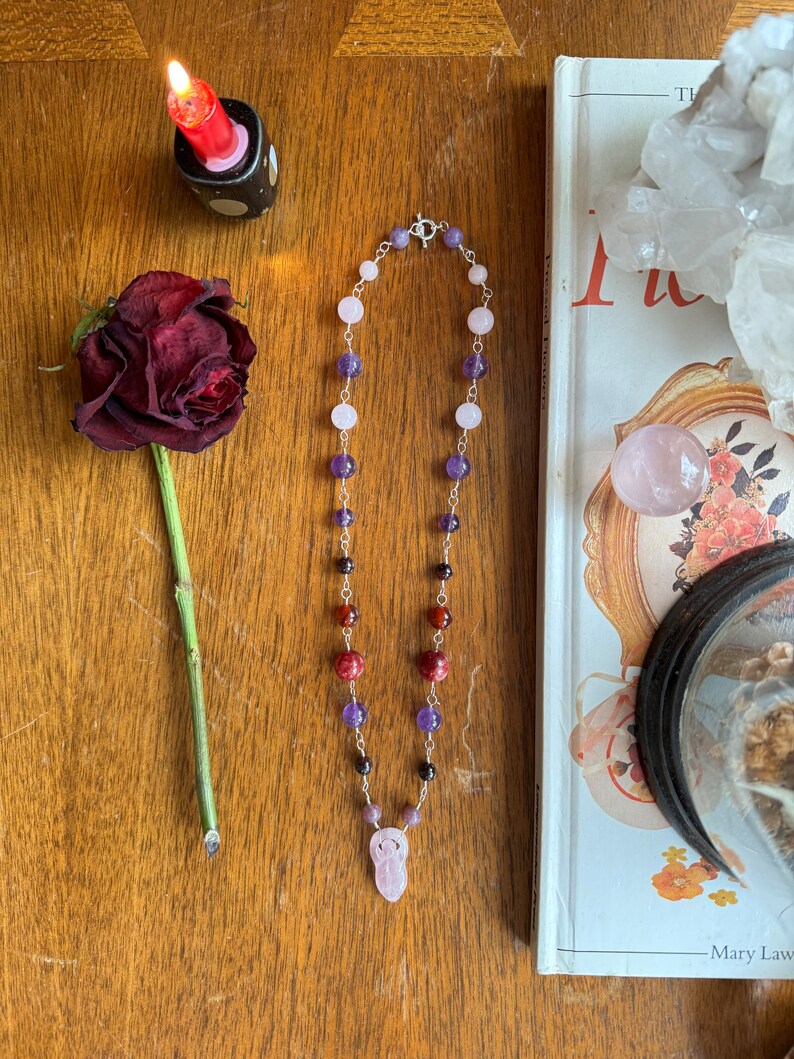 Self Love and Empowerment Necklace Sterling Silver Rose Quartz Goddess Totem with Handmade Crystal Chain image 3