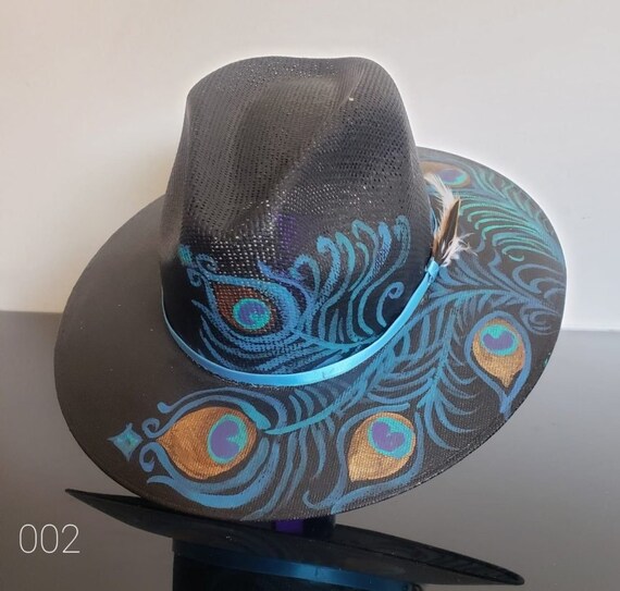 Art-wear Hat With Hand-painted Peacock Feather Design - Etsy display picture 2