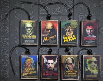 Universal Monsters Halloween Ornaments: Handmade Wooden Movie Poster Charms - Set of 4