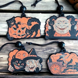 Adornos de madera de Halloween hechos a mano inspirados en la década de 1930, etiqueta de regalo de Halloween, dije de coche de Halloween, etiqueta de Halloween vintage Boo