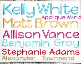 May include: A white fabric background with a variety of names embroidered in different colors. The names are Kelly White, Matt Brown, Allison Vance, Benjamin Gray, Stephanie Adams, and Alexander Townsend.