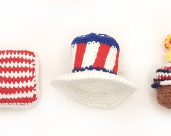 Made to Order July Fourth Dooking Fun Handmade Crochet Ferret Baby Toys: Cupcake Rattle, Uncle Sam Hat Jingle Ball, Crinkle American Flag