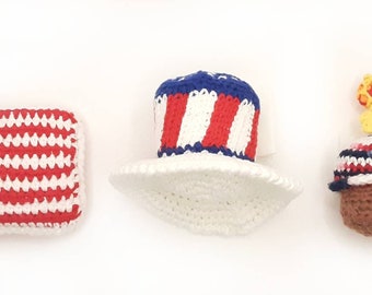 Choose Your Own ONE Handmade Crochet Toy Cupcake/Uncle Sam Hat/American Flag/Sunny Sun/Beach Ball/Ice Cream Waffle Cone/Acorn/Apple/Leaf